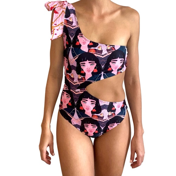 Boho Goddess Print One-Piece Swimsuit | Cutout One-Shoulder | Size M - Picture 2 of 7